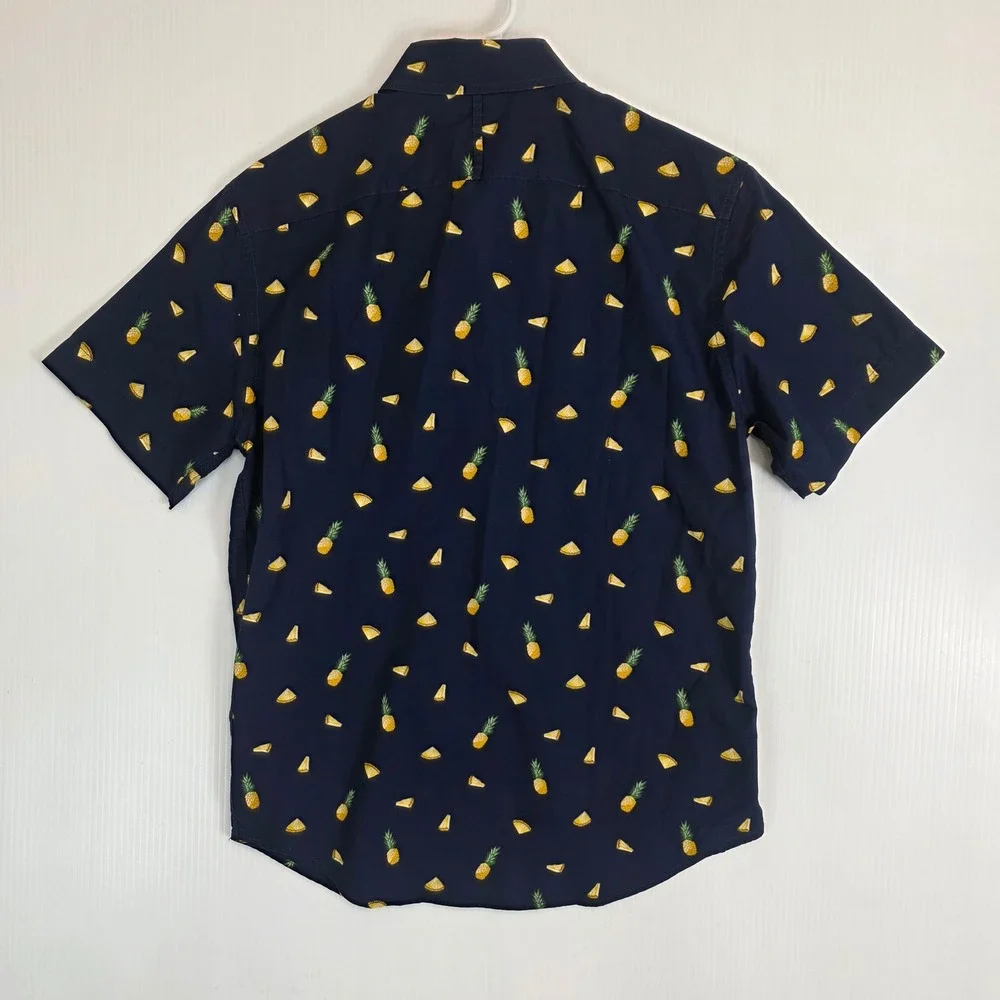 Banana Republic Luxe Poplin Shirt Mens Small Blue Pineapple AOP Slim Fit Swing‎